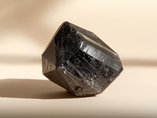 Turmalina negra mineral sobre fondo neutro representando equilibrio y bienestar emocional