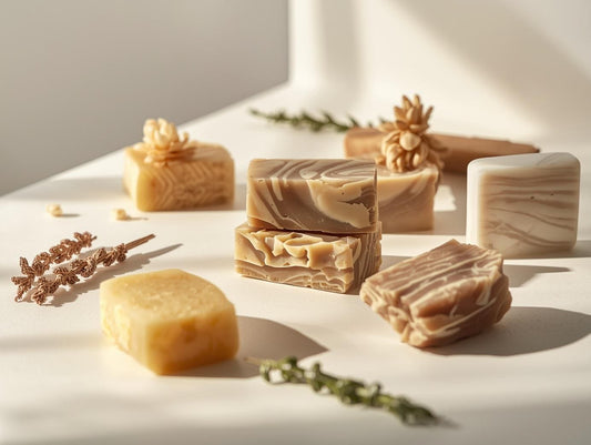 Jabones naturales HGW exhibidos sobre fondo claro minimalista